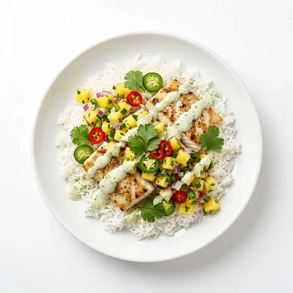 Fish Tacos Bowl with Pineapple Salsa & Lime Crema